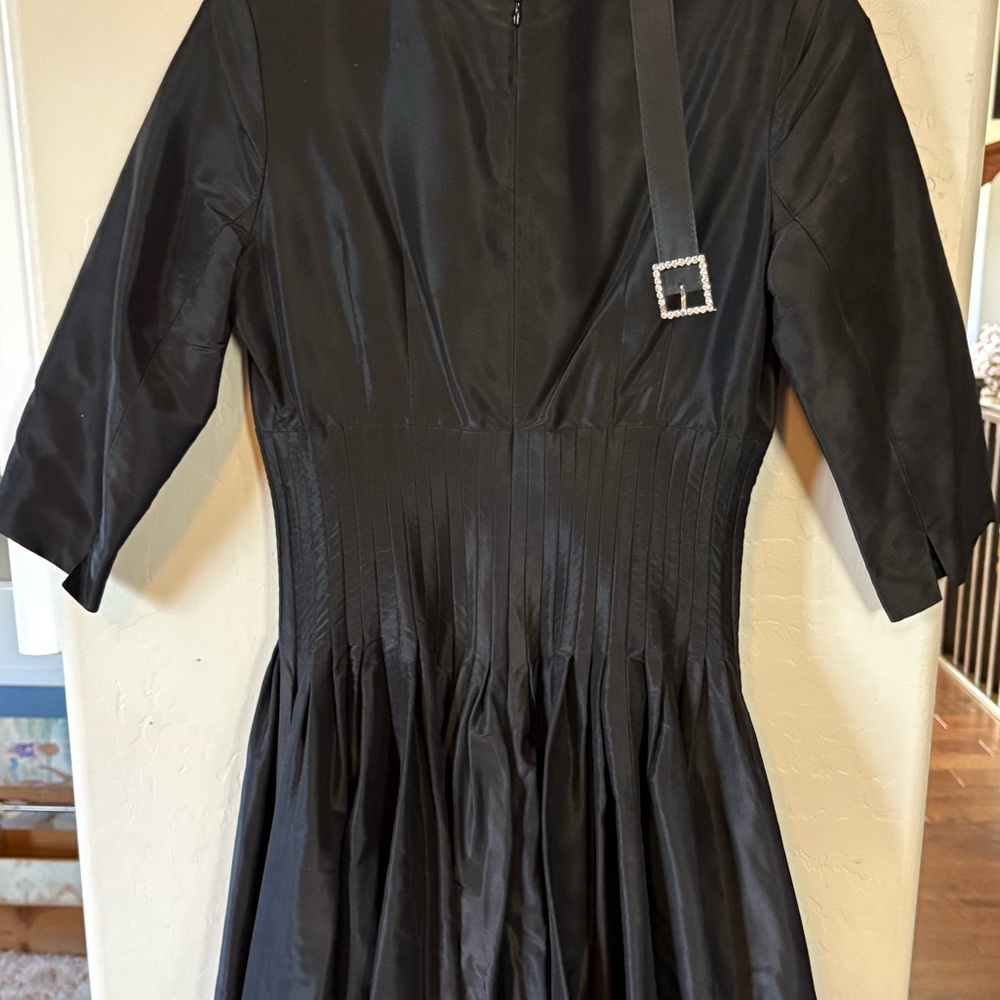 Teri Jon by Rickie Freeman Black Midi Fit-and-Flare Dress with Rhinestone Buckle